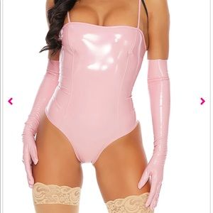 NWT Ravewear Pink Vinyl bodysuit with matching gloves